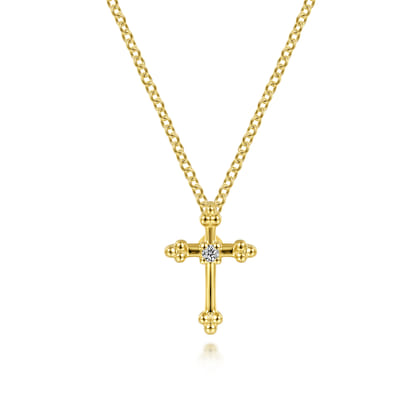 14K Yellow Gold Beaded Diamond Cross Pendant Necklace