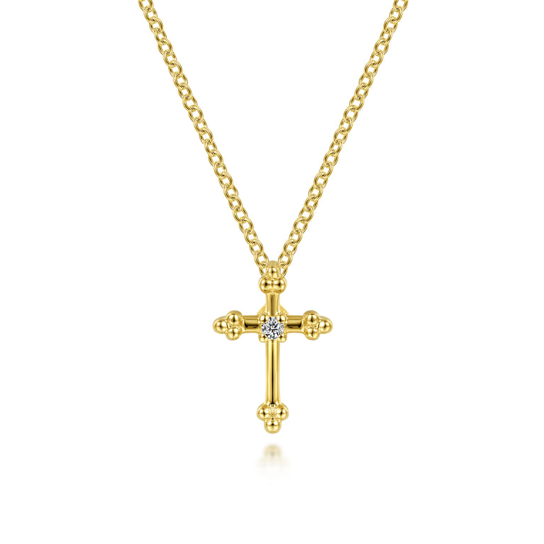 14K Yellow Gold Beaded Diamond Cross Pendant Necklace - 0.02 ct - Shot 1