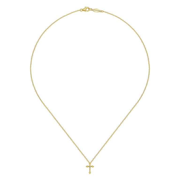 14K Yellow Gold Beaded Diamond Cross Pendant Necklace - 0.02 ct - Shot 2