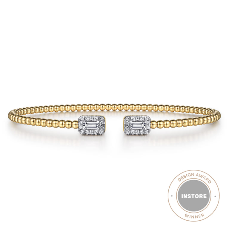 14K Yellow Gold Beaded Diamond Open Cuff Bangle Bracelet-Bujukan - 0.3 ct - Shot 1