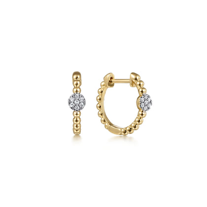 14K Yellow Gold Beaded Diamond Pave 15mm Huggies