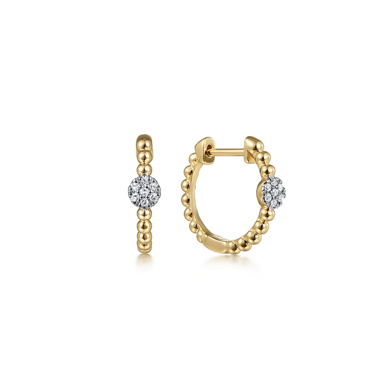 14K Yellow Gold Beaded Diamond Pave 15mm Huggies - 0.07 ct - Shot 1