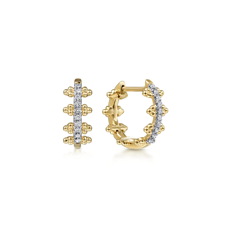 14K Yellow Gold Beaded Pave 10mm Diamond Huggies - 0.1 ct - Shot 1