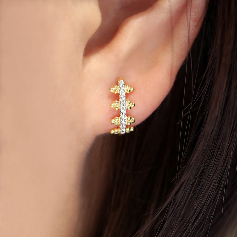 14K Yellow Gold Beaded Pave 10mm Diamond Huggies - 0.1 ct - Shot 2