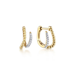 14K Yellow Gold Beaded Pave 10mm Diamond Huggies