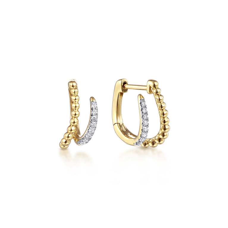 14K Yellow Gold Beaded Pave 10mm Diamond Huggies - 0.09 ct - Shot 1
