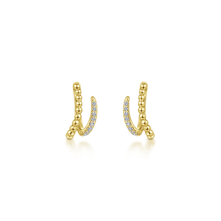 14K Yellow Gold Beaded Pave 10mm Diamond Huggies - 0.09 ct - Shot 3