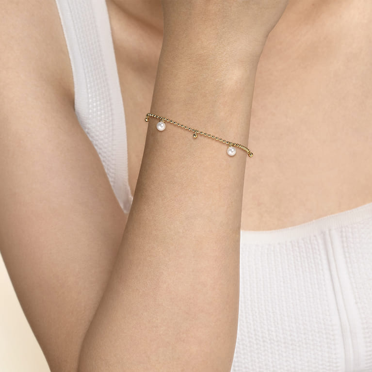 14K Yellow Gold Beaded Pearl Droplet Bracelet-Bujukan - Shot 3