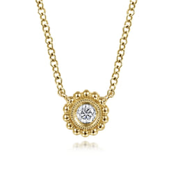 14K Yellow Gold Beaded Round Bezel Set Diamond Pendant Necklace