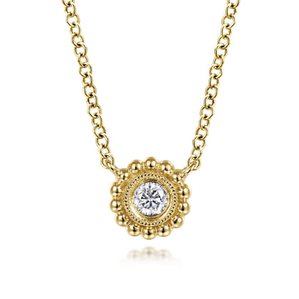 14K Yellow Gold Beaded Round Bezel Set Diamond Pendant Necklace