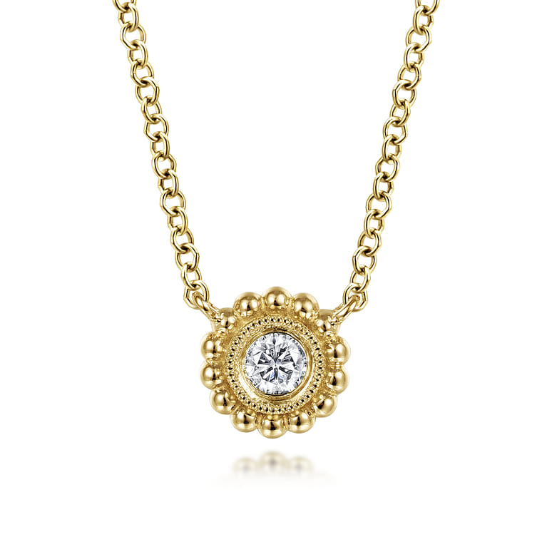 14K Yellow Gold Beaded Round Bezel Set Diamond Pendant Necklace - 0.07 ct - Shot 1