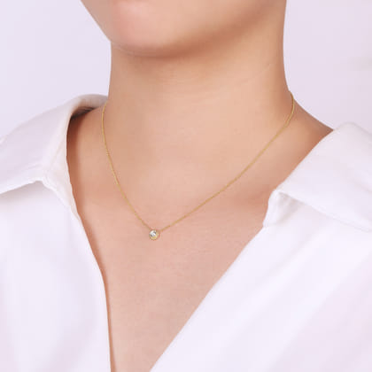 14K Yellow Gold Beaded Round Bezel Set Diamond Pendant Necklace