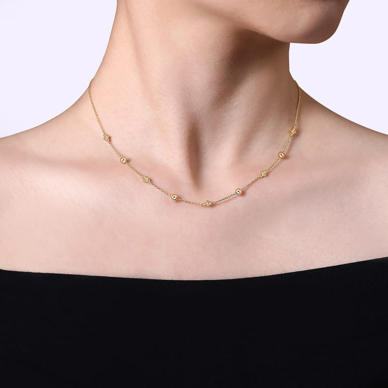 14K Yellow Gold Beaded Station Necklace-Bujukan - Shot 3
