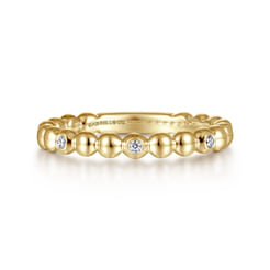 14K Yellow Gold Beaded Station and Diamond Stackable Ring