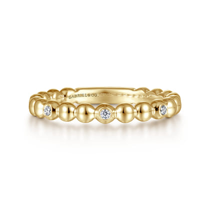 14K Yellow Gold Beaded Station and Diamond Stackable Ring