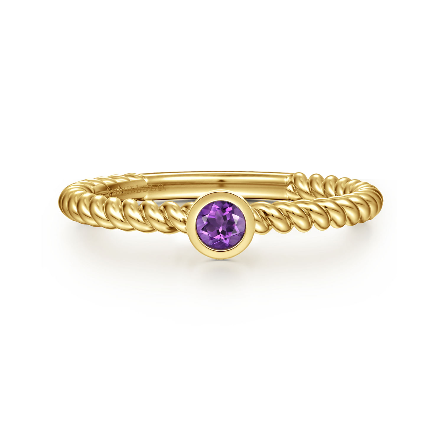 14K Yellow Gold Bezel Set Amethyst Ring with Twisted Rope Shank