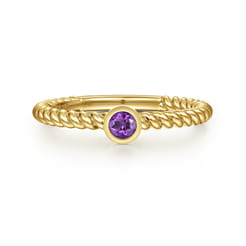 14K Yellow Gold Bezel Set Amethyst Ring with Twisted Rope Shank