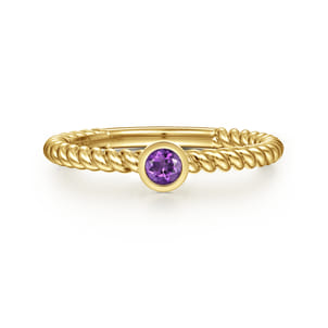 14K Yellow Gold Bezel Set Amethyst Ring with Twisted Rope Shank