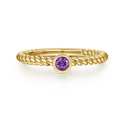 14K Yellow Gold Bezel Set Amethyst Ring with Twisted Rope Shank