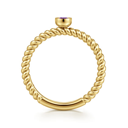 14K Yellow Gold Bezel Set Amethyst Ring with Twisted Rope Shank
