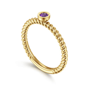 14K Yellow Gold Bezel Set Amethyst Ring with Twisted Rope Shank