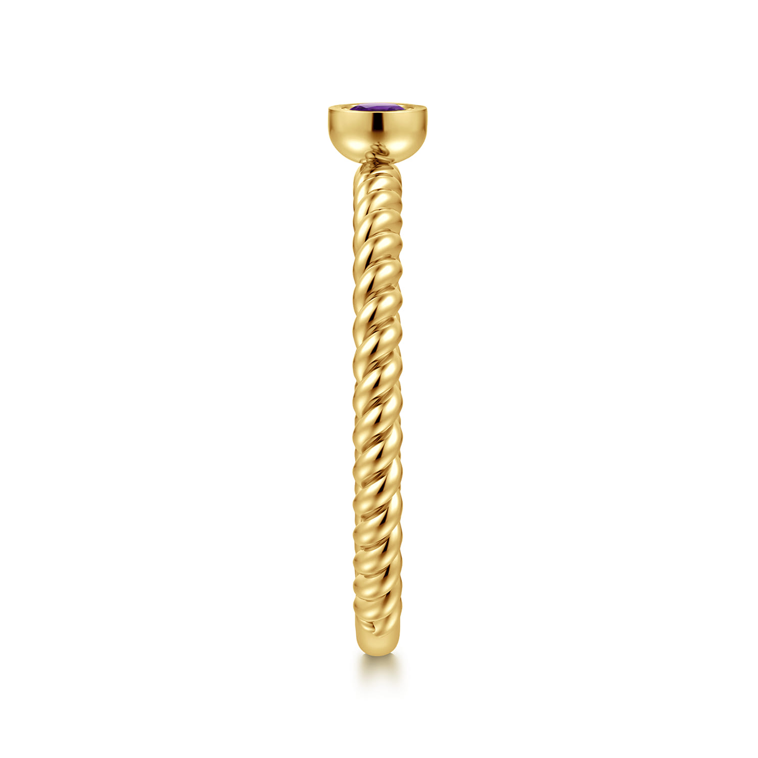 14K Yellow Gold Bezel Set Amethyst Ring with Twisted Rope Shank