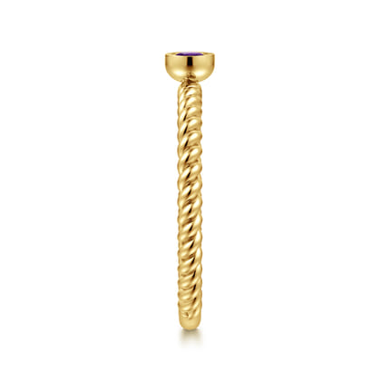 14K Yellow Gold Bezel Set Amethyst Ring with Twisted Rope Shank