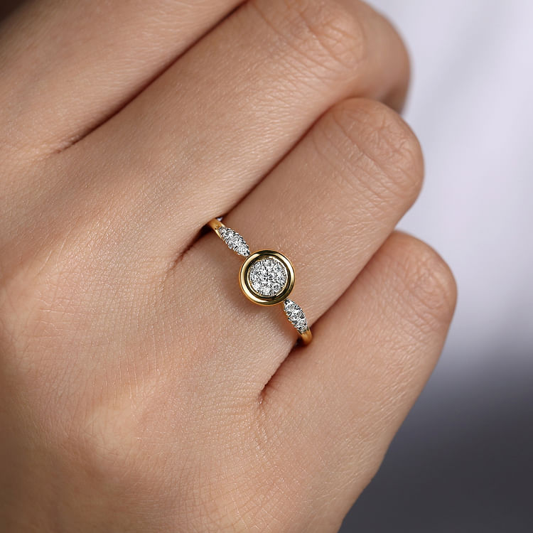 14K Yellow Gold Bezel Set Cluster Diamond Center and Diamond Accent Ring