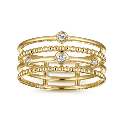14K Yellow Gold Bezel Set Diamond Station Layered Ring