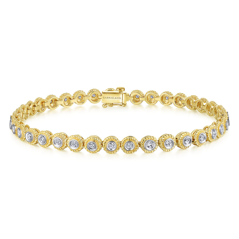 14K Yellow Gold Bezel Set Diamond Tennis Bracelet with Twisted Rope Frame - 0.7 ct - Shot 1