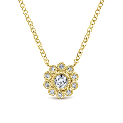 14K Yellow Gold Bezel Set Floral Diamond Pendant Necklace