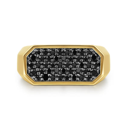 14K Yellow Gold Black Diamond Pave Men's Ring in High Polish Finish