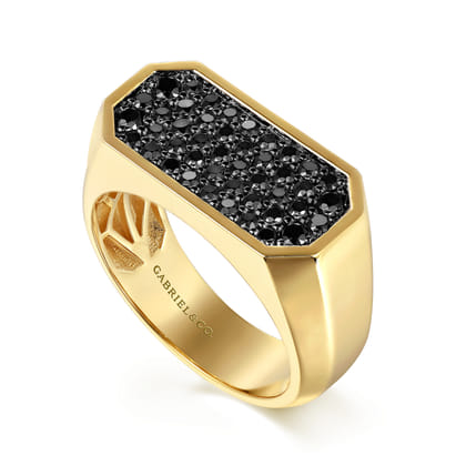 14K Yellow Gold Black Diamond Pave Men's Ring in High Polish Finish