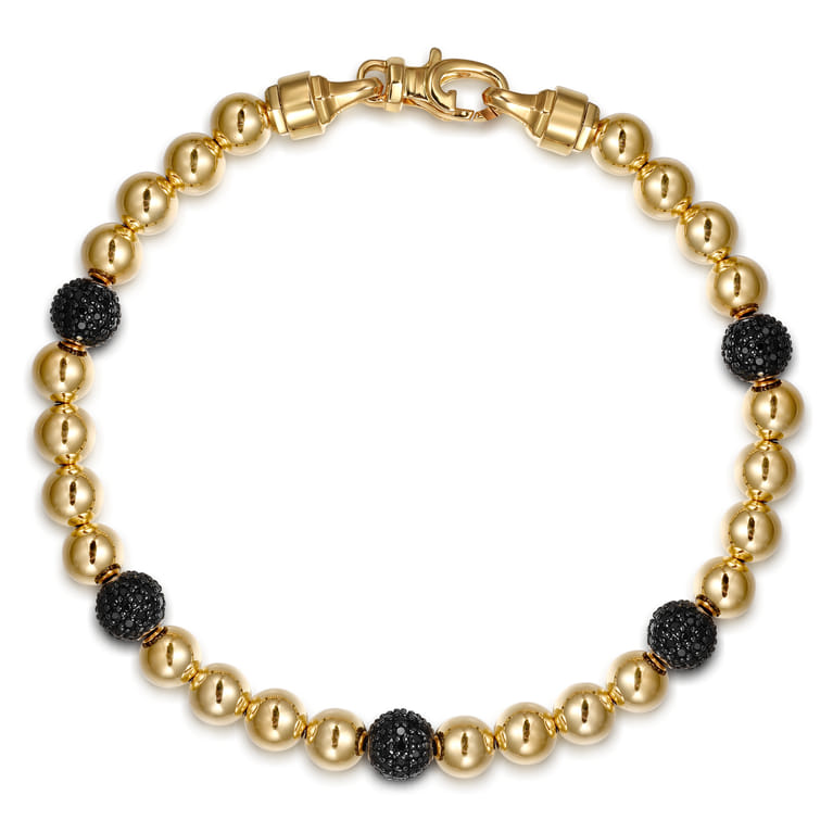 14K Yellow Gold Black Diamond and 6mm Yellow Gold Beaded Mens Bracelet - 2.5 ct - Shot 1