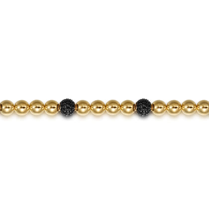 14K Yellow Gold Black Diamond and 6mm Yellow Gold Beaded Mens Bracelet