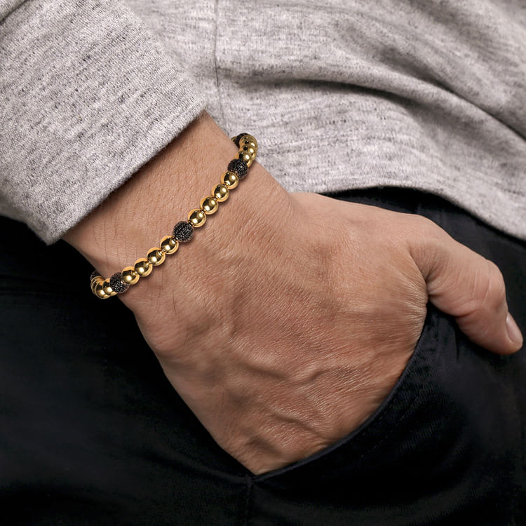14K Yellow Gold Black Diamond and 6mm Yellow Gold Beaded Mens Bracelet