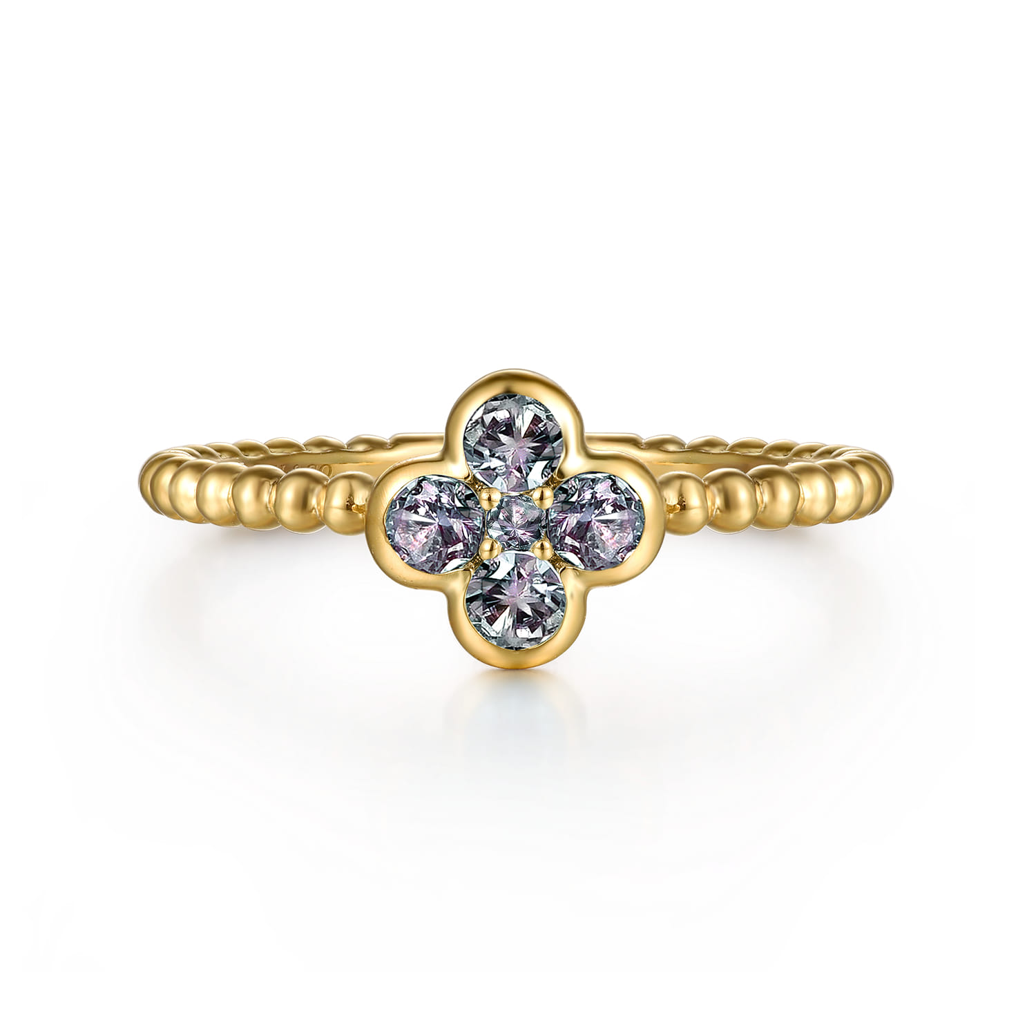 14K Yellow Gold Blue Manmade Alexandrite Cluster Clover and Bujukan Bead Stackable Ring - Shot 1