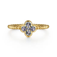 14K Yellow Gold Blue Manmade Alexandrite Cluster Clover and Bujukan Bead Stackable Ring