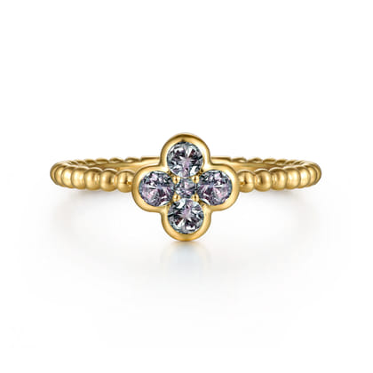14K Yellow Gold Blue Manmade Alexandrite Cluster Clover and Bujukan Bead Stackable Ring
