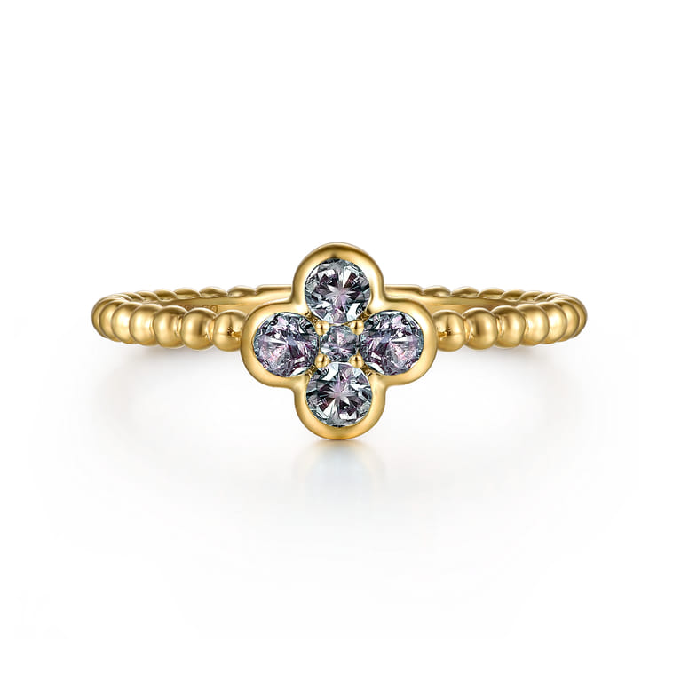 14K Yellow Gold Blue Manmade Alexandrite Cluster Clover and Bujukan Bead Stackable Ring - Shot 1