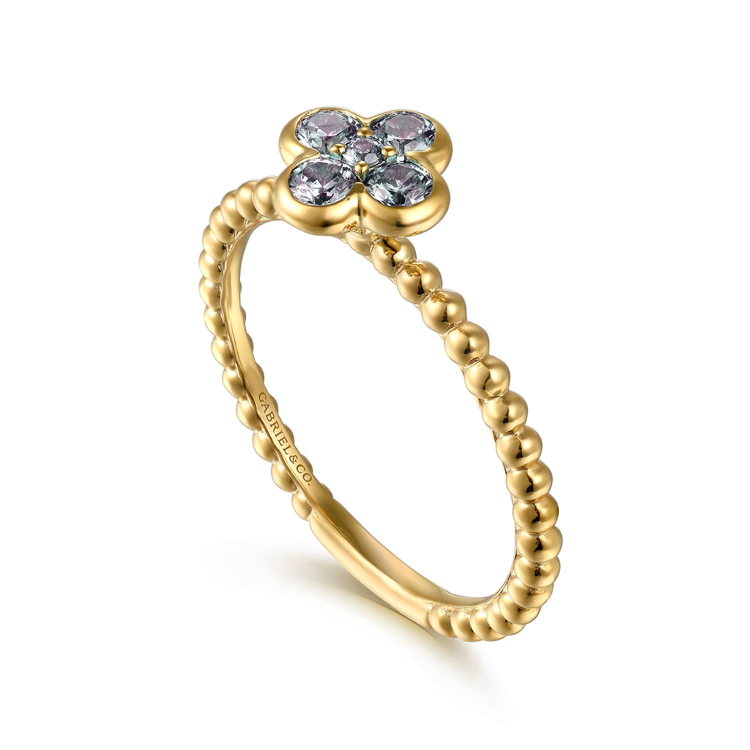 14K Yellow Gold Blue Manmade Alexandrite Cluster Clover and Bujukan Bead Stackable Ring - Shot 3