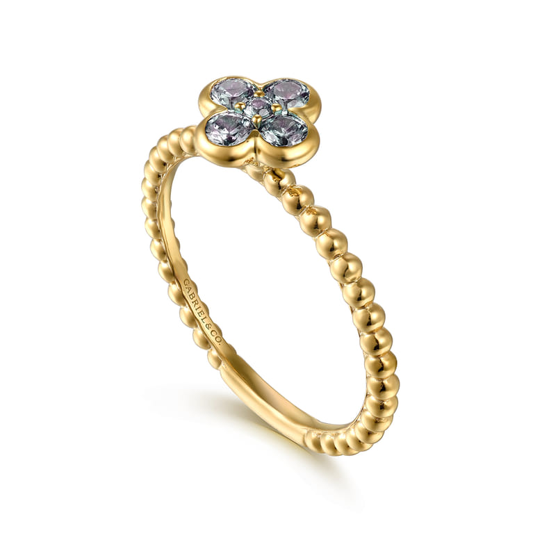 14K Yellow Gold Blue Manmade Alexandrite Cluster Clover and Bujukan Bead Stackable Ring - Shot 3