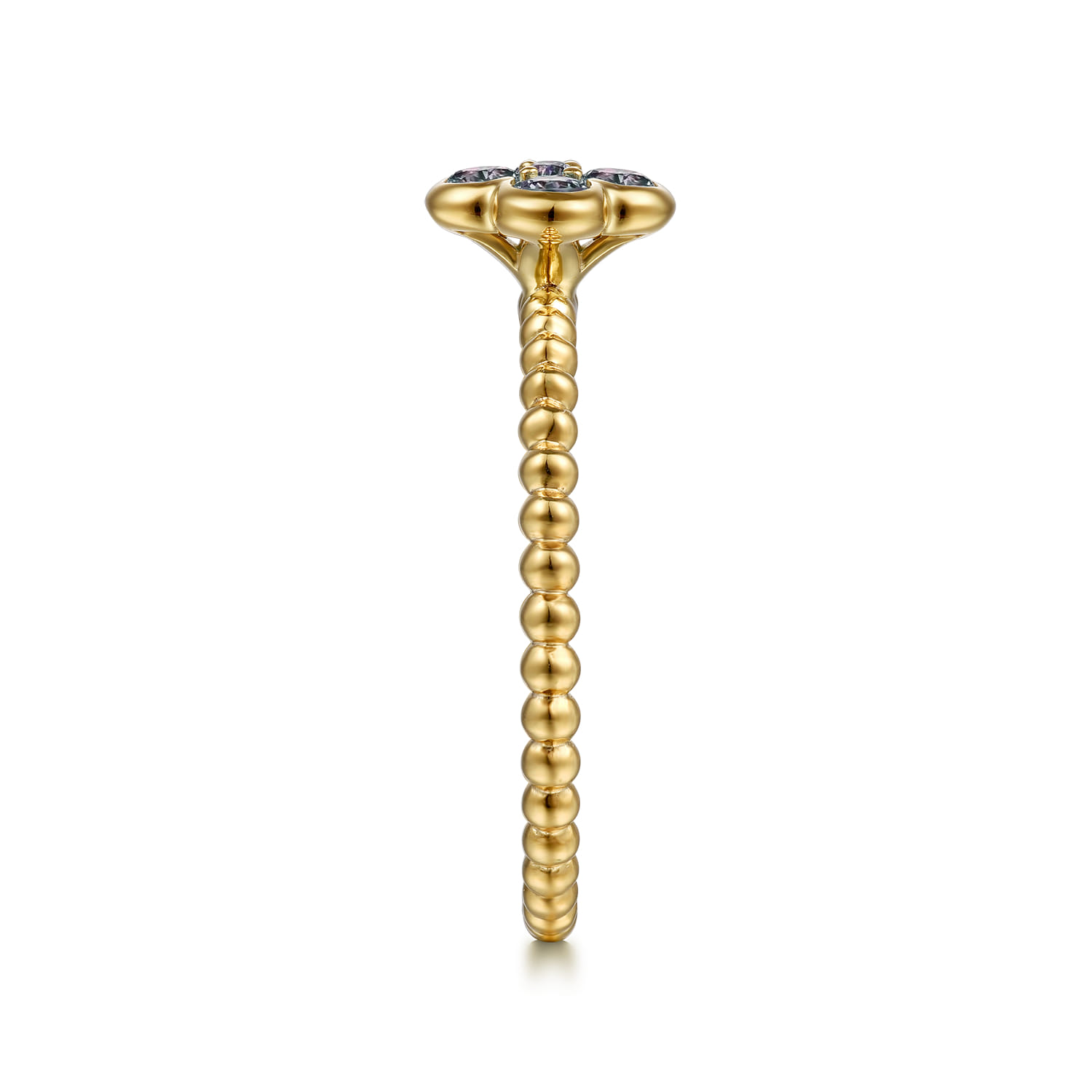 14K Yellow Gold Blue Manmade Alexandrite Cluster Clover and Bujukan Bead Stackable Ring - Shot 4