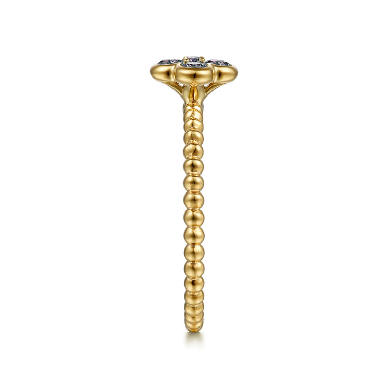 14K Yellow Gold Blue Manmade Alexandrite Cluster Clover and Bujukan Bead Stackable Ring