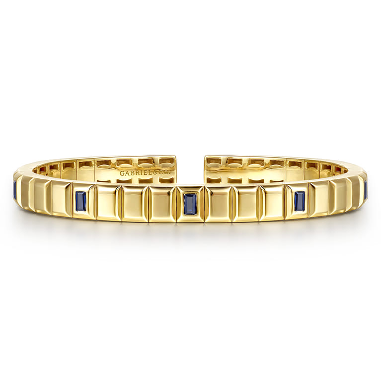 14K Yellow Gold Blue Sapphire Elongated Pyramid Bangle Bracelet - Shot 1