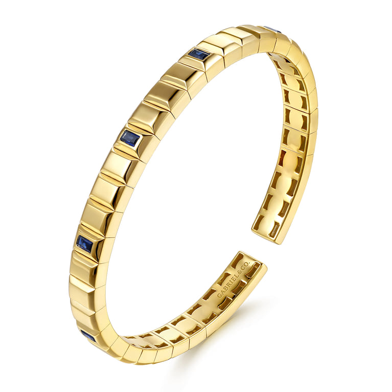 14K Yellow Gold Blue Sapphire Elongated Pyramid Bangle Bracelet - Shot 2