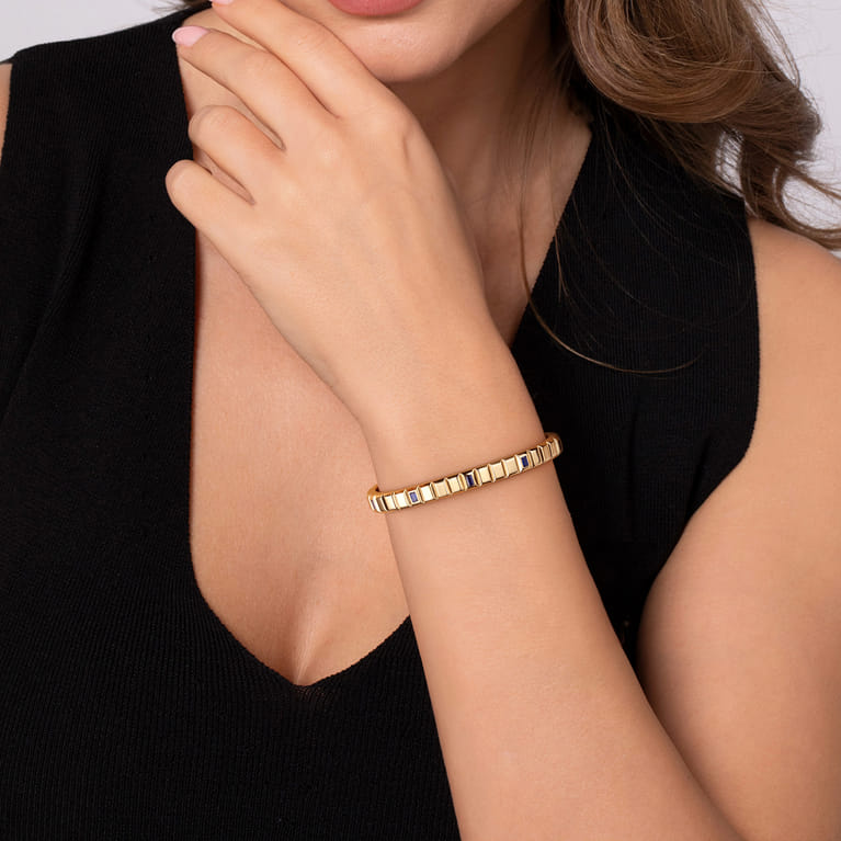14K Yellow Gold Blue Sapphire Elongated Pyramid Bangle Bracelet - Shot 4