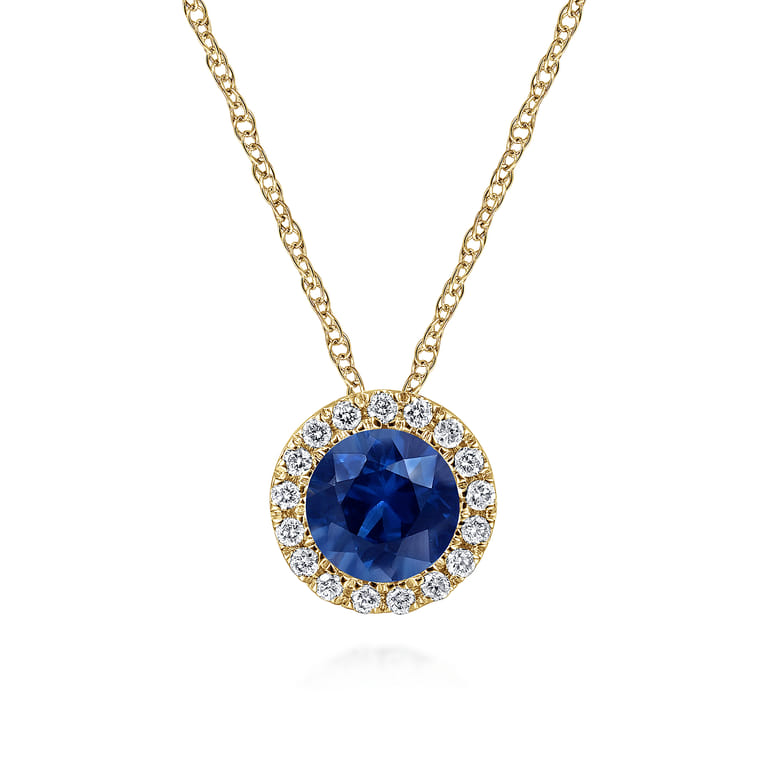 14K Yellow Gold Blue Sapphire and Diamond Halo Pendant Necklace - 0.07 ct - Shot 1