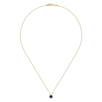 14K Yellow Gold Blue Sapphire and Diamond Halo Pendant Necklace