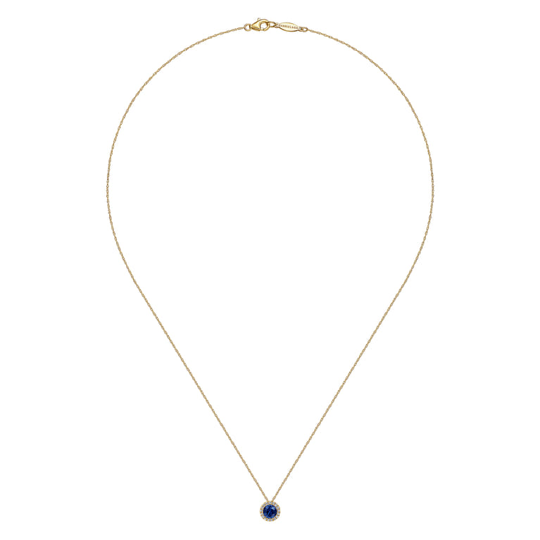 14K Yellow Gold Blue Sapphire and Diamond Halo Pendant Necklace - 0.07 ct - Shot 2